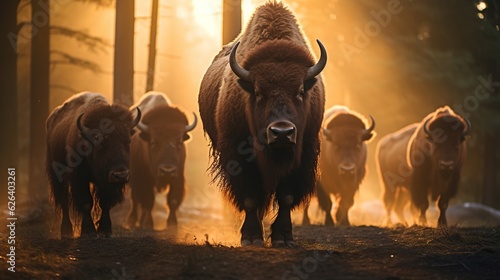 Golden Dawn in the Wilderness: A High-Resolution, Detailed Capture of a Majestic Bison Herd Grazing in the Polish Forest, Illuminated by the Warm Hues of Sunrise, Amidst of the Misty Woods