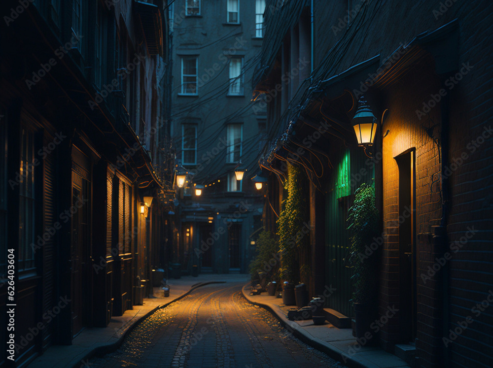 Chinese alley or street at night illuminated by lanterns and neon lights
