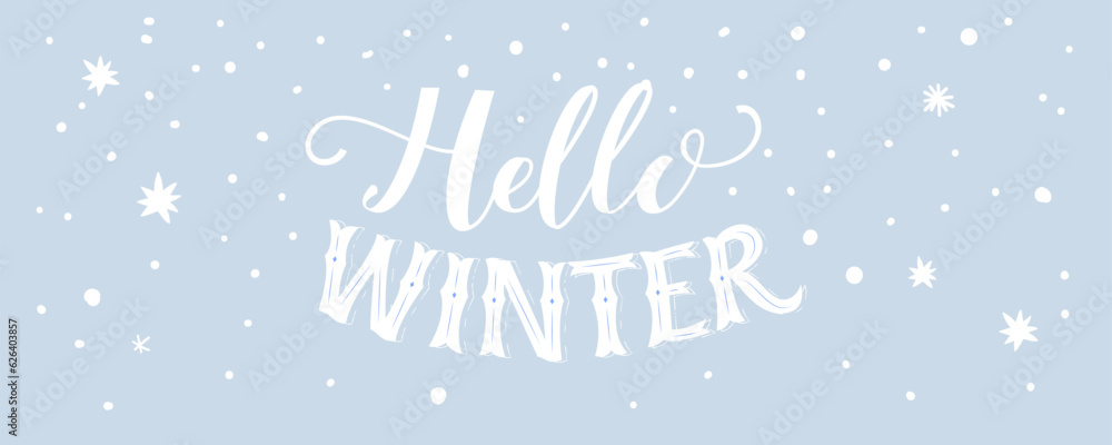 Hello winter banner in vintage. Handwritten art background. style. Typography cover design, blue snowy scene, vector illustration