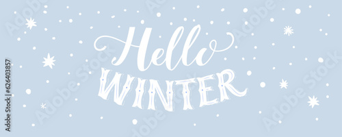 Hello winter banner in vintage. Handwritten art background. style. Typography cover design, blue snowy scene, vector illustration
