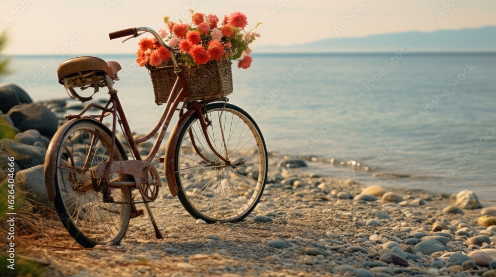 Naklejka premium Bicycle with flowers at the beach