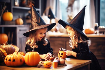 Spooky sisters: girls celebrating halloween with jack-o-lanterns