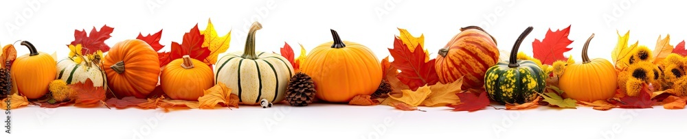 Autumn leaves and gourds, pumpkins patch on white background banner - obrazy, fototapety, plakaty 