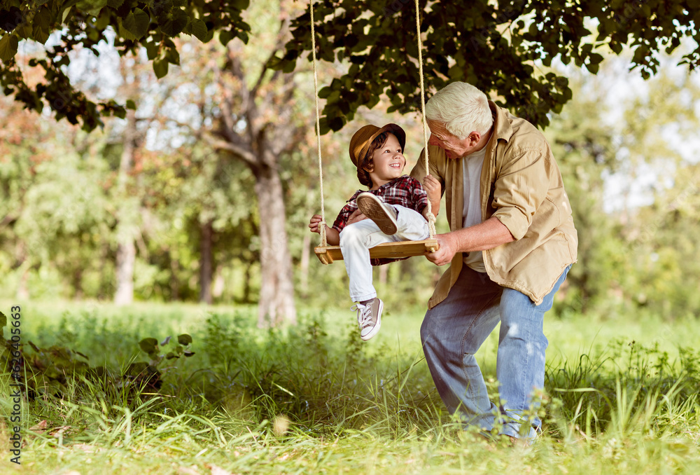 Young boy and his grandfather spending time in the park on a swing