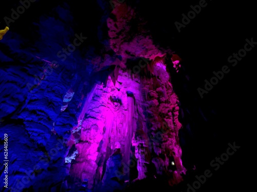 famous artistically colorfully illuminated St. Michael's Cave in the Rock of Gibraltar, British Overseas Territory, Great Britain, Europe © keBu.Medien