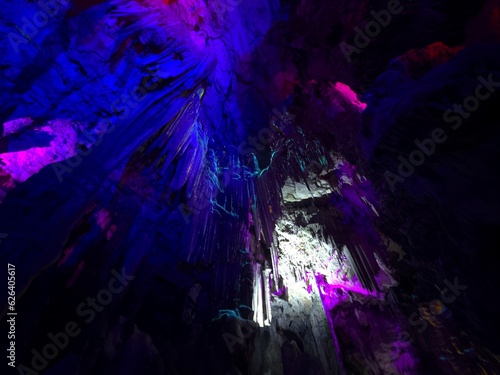 famous artistically colorfully illuminated St. Michael's Cave in the Rock of Gibraltar, British Overseas Territory, Great Britain, Europe © keBu.Medien