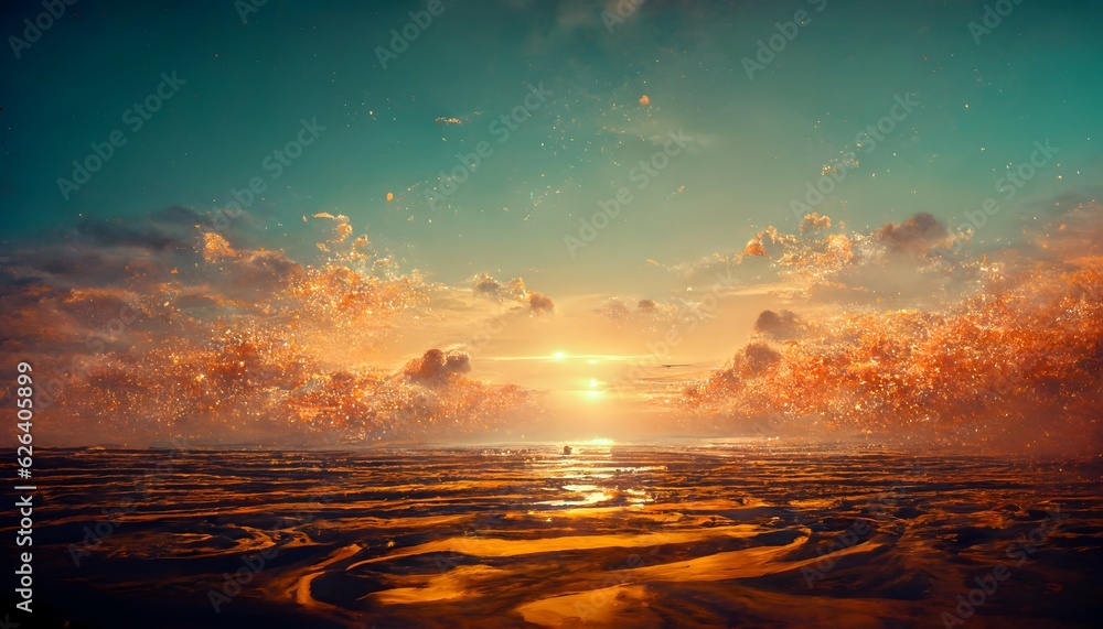 Sunset Octane Design unreal engine , sea beach sky ,orange yellow vivid-orange sunset dusk ...