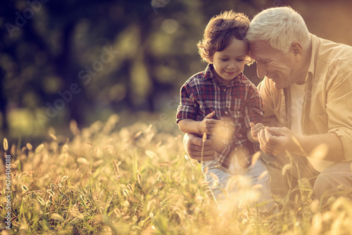 Quadro su tela Young boy and his grandfather spending time at the park forest