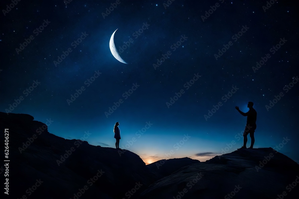silhouette of a person standing on a rock in night scene 