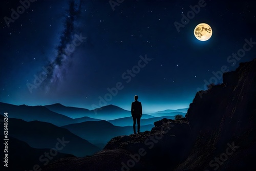 silhouette of a person standing on a rock in night scene 