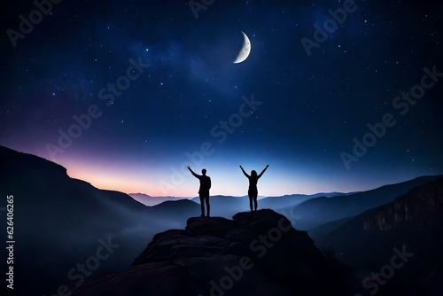 silhouette of a couples on a mountain top moon on sky night view