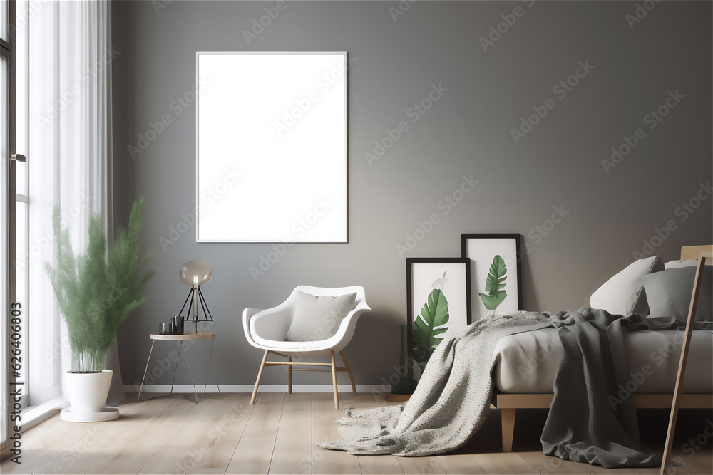 Modern bedroom mockup with a blank frame, cozy room photography, empty frame Modern bedroom mockup with a blank frame, cozy room photography, empty frame