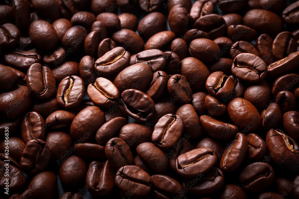 Naklejka premium Roasted coffee beans background, close up coffee beans photography