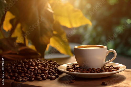 Coffee in a cup with coffee beans around  espresso photo