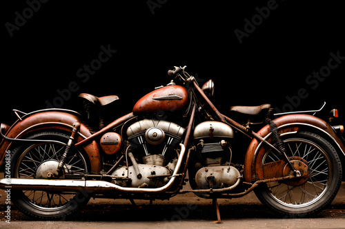 A retro style motorcycle, aged and rusted with time