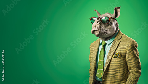 Fotografia Cool looking rhino wearing funky fashion dress - jacket, shirt, tie, glasses