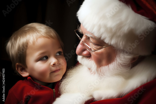 Captivating Close-up of Santa Claus with Young Boy, PhotoCaptured in Joyful Holiday Spirit photo