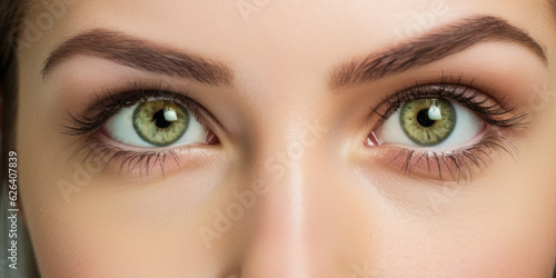 Young beautiful woman with green eyes, closeup detail to her face, both iris visible. Generative AI
