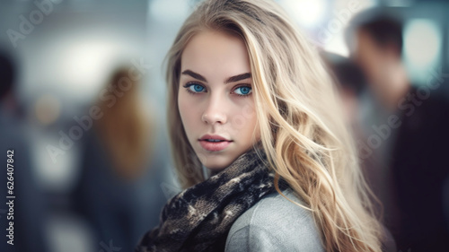 young adult woman with blond long hair, work and job and career and career or education or student in university, small smile, motivated and in a good mood, fictional