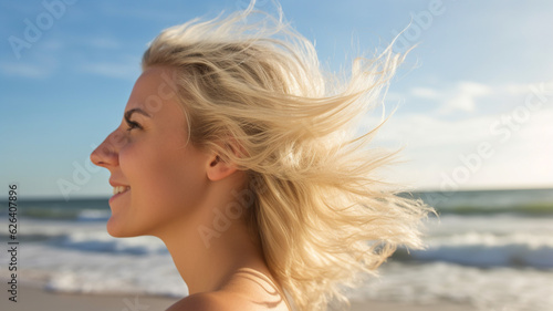 on the beach, a day at the beach, young adult woman, hair blowing in the wind, sandy beach, fictitious place, fun and joy and contentment at moderate temperatures in a bikini, smiling