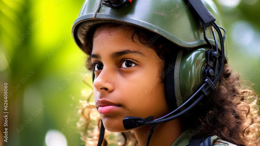 young child, young girl is soldier or helicopter pilot with helmet and radio, microphone, military uniform, jungle or nature, fictional place young child, young girl is soldier or helicopter pilot with helmet and radio, microphone, military uniform, jungle or nature, fictional place