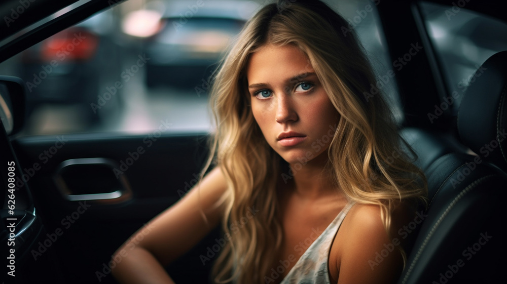 adult woman with blonde brunette hair, as a passenger in the car, annoyed or stressed or in a bad mood or long car drive looking for a parking space in a parking lot, fictitious happening, adult woman with blonde brunette hair, as a passenger in the car, annoyed or stressed or in a bad mood or long car drive looking for a parking space in a parking lot, fictitious happening,