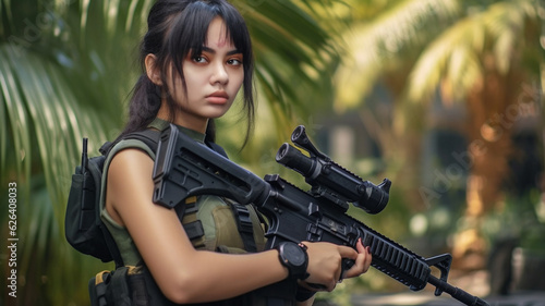 young adult woman, asian, fictional location, female soldier in a jungle or forest or rural area or island with palm trees, military, sun hat and shirt, weapon or rifle, worried expression on face
