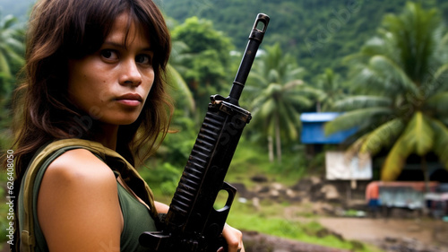 young adult woman, asian, fictional location, female soldier in a jungle or forest or rural area or island with palm trees, military, sun hat and shirt, weapon or rifle, worried expression on face