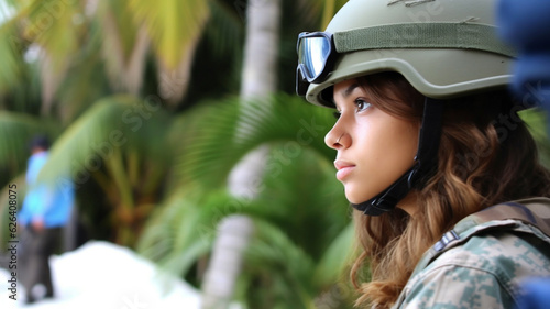 young adult woman or teenager girl is soldier or helicopter pilot with helmet and radio, microphone, military uniform, jungle or nature, fictional place photo