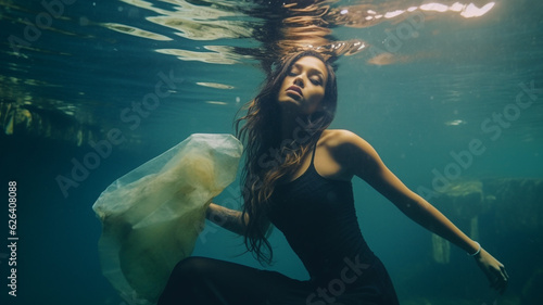 conceptual or dream of the problem of plastic waste in the ocean in the water in nature, plastic bag and young adult woman, abstract fictional