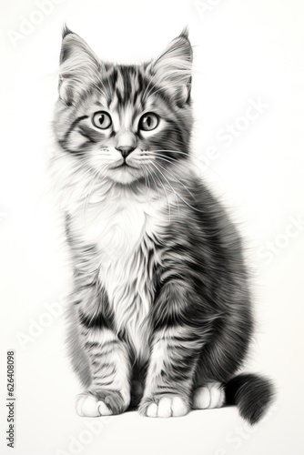 Black and white drawing of a beautiful cat. Generative AI.