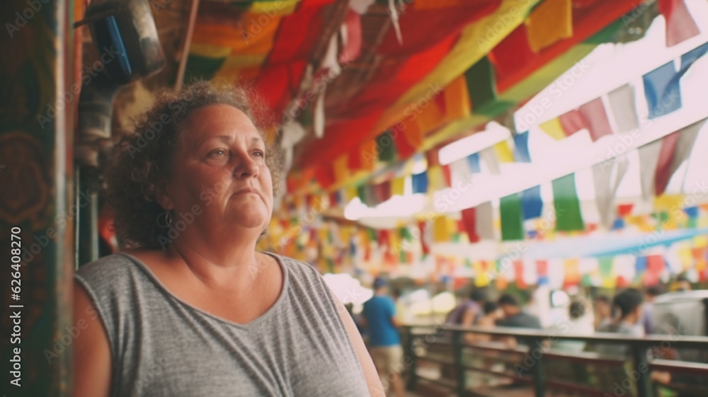 mature adult woman who is very overweight feels uncomfortable and is shy and introverted, bar restaurant, outside in a decorated setting, many people, fictitious location mature adult woman who is very overweight feels uncomfortable and is shy and introverted, bar restaurant, outside in a decorated setting, many people, fictitious location