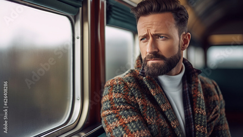 closeup of adult man with beard a, fictional place, thoughtful dramatic fictional, on train at window in rainy weather, escape or travel or commuting in everyday work life © wetzkaz
