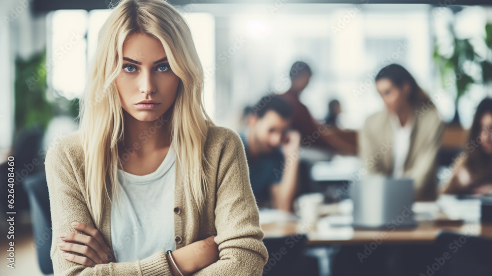 adult woman 30s, blonde, summer, in the office with work colleagues, desks and computers or university with students, fictional location adult woman 30s, blonde, summer, in the office with work colleagues, desks and computers or university with students, fictional location