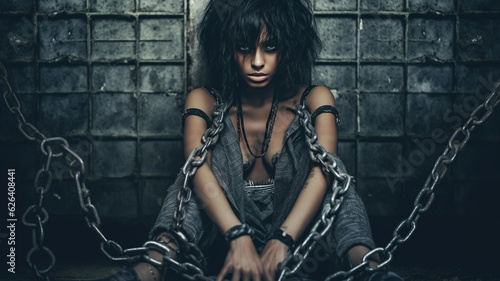 a young adult woman in chains, abstract photo