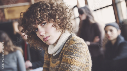 Teenage girls wearing sweaters in classroom at school or student at university or at leisure hanging out with friends in an abandoned building, fictional, caucasian, 20s, serious expression on face © wetzkaz