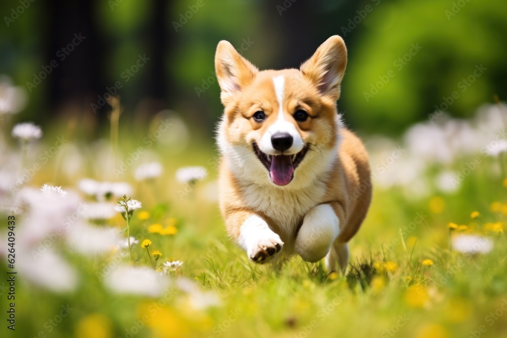 Happy puppy / dog running in the grass