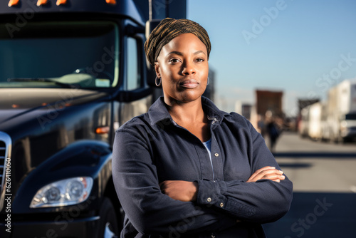 A young black female truck driver posing in front of her truck. Generative AI. 
