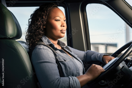 A young black female truck driver driving. Generative AI.  © Victor