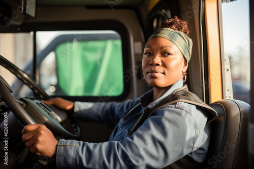 A young black female truck driver driving. Generative AI. 