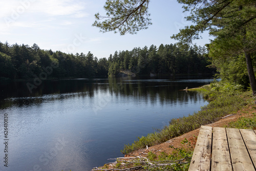 view of lake in the forest off a wooden dock on sunny day in cottage country Muskoka Ontario Canada