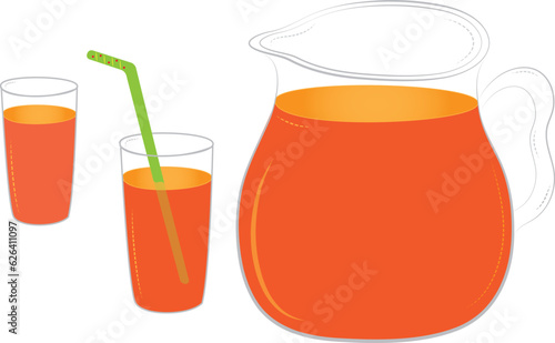 Set of symbols of fruit drinks in glass. Vector. Icon collection of orange drink in jug with glasses and straw. Objects white isolated.