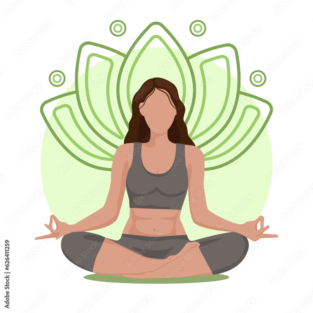 person meditating in yoga position. girl lotos green illustrations 