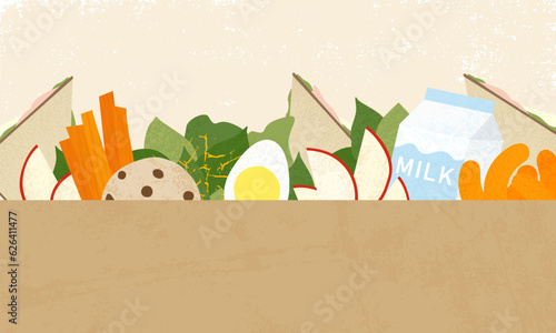 A set of lunch time food items with a brown paper bag space for text, in a cut paper style with textures
 photo