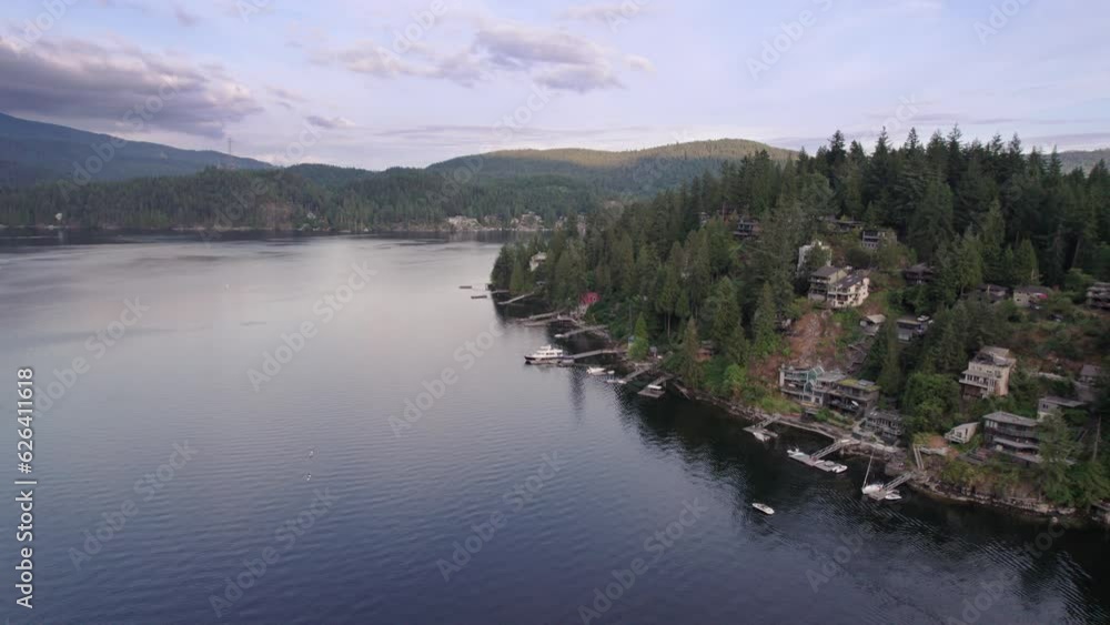 Stunning ocean front properties, luxury homes, high end real estate, ocean view, North Vancouver, Deep Cove, mountains, beautiful view, wealthy. 4K 24FPS PRORES 422 Stunning ocean front properties, luxury homes, high end real estate, ocean view, North Vancouver, Deep Cove, mountains, beautiful view, wealthy. 4K 24FPS PRORES 422