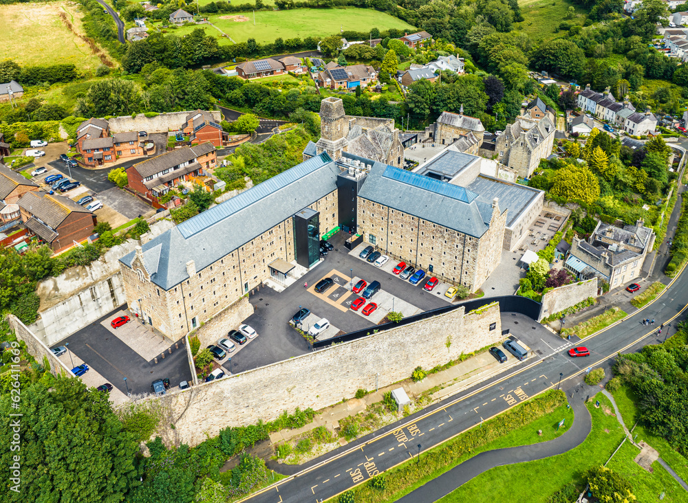 Bodmin Jail and Bodmin Luxury Hotel from a drone, Bodmin Moor, Cornwall, England, UK	