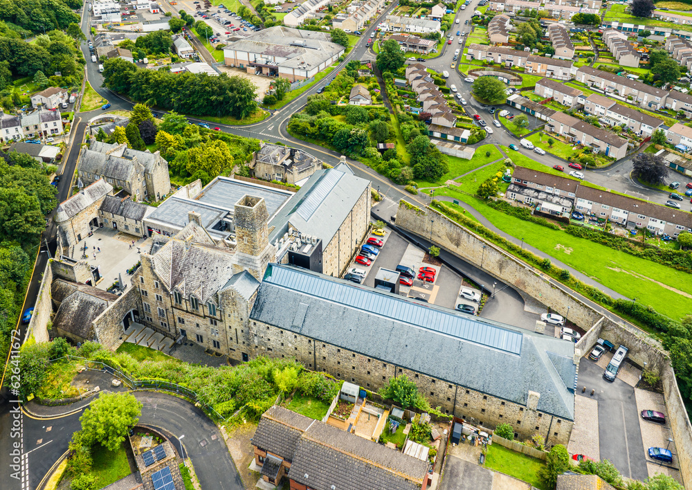 Bodmin Jail and Bodmin Luxury Hotel from a drone, Bodmin Moor, Cornwall, England, UK	