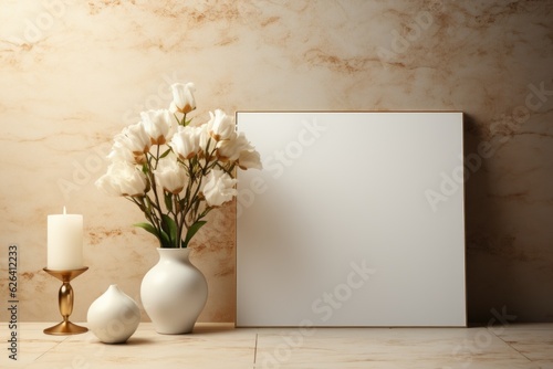 A vase with white flowers next to a picture frame