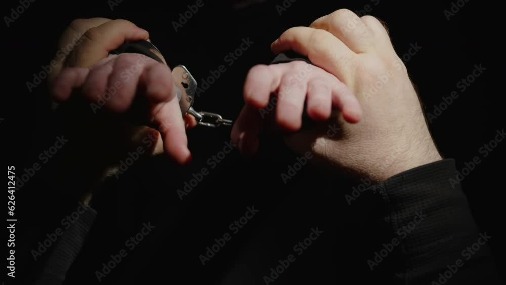 Arrest of criminal, handcuffs of justice policeman puts on hands of prisoner close-up. Arrest of criminal, handcuffs of justice policeman puts on hands of prisoner close-up.
