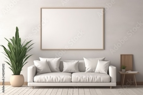 A living room with a white couch and a potted plant. Mockup for your art project, poster, illustration or lettering.